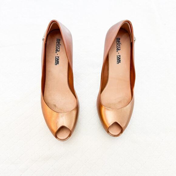 Melissa x Karl Lagerfeld Peep Toe Pearl Bead Heel Pump Rose Metallic Size 8 - Picture 1 of 5